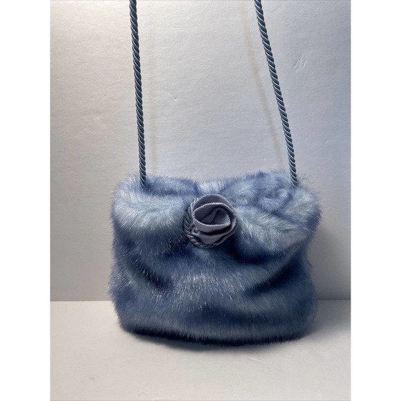 Rothschild Blue Faux Fur Purse Bag Wool Flower Loop Cord Closure Fuzzy - Picture 2 of 7